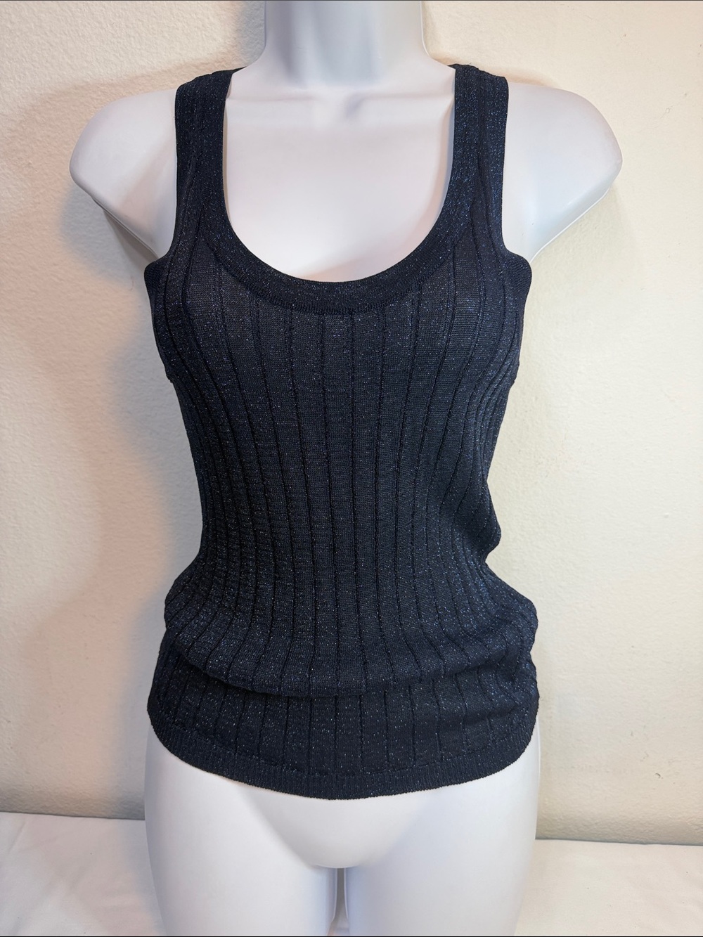 Zara Navy Sleeveless Ribbed Knit Tank with Subtle Shimmer